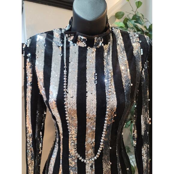 Missguided Petite Sequin Mini Dress US2 Black Silver Long Sleeve Party Cocktail - Picture 3 of 12